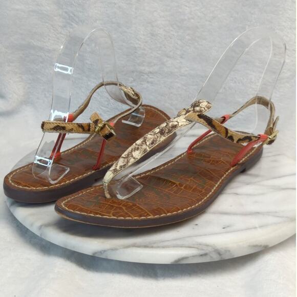 Sam Edelman Sandal Gigi T-Strap Woman's 8.5 Python Coral Leopard Boho Beach‎ - Picture 1 of 12
